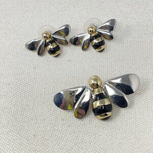 Bumblebee Brooch and Earrings‎ Set Bee Insect Silver-Tone Mixed Metals Novelty